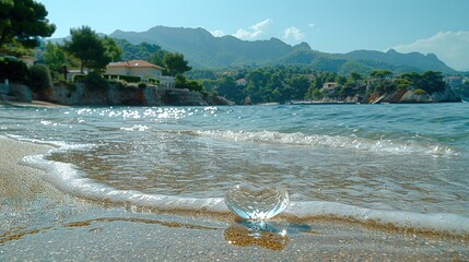 Poster -   A crystal orb nestled on shore beside the ocean, with houses in the distance