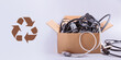 Box filled with damaged electronic gadgets and wires, illustrating the concept of green disposal and waste reduction.