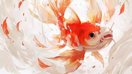 Wall Mural -   A goldfish on a white background with red and white paint splatters