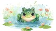   A frog smiles as it sits amidst lily pads and water lilies in the water