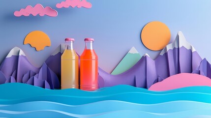 Canvas Print - 3D product display background for a new sports drink, focusing on energy and hydration, crafted in paper art styles, synth wave