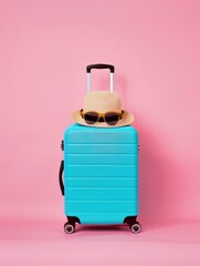 blue suitcase with sunglasses and hat on top with pink background