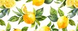 Watercolor seamless pattern of whole lemons and slices with green leaves.