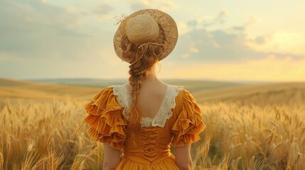 Woman in yellow ruffled dress and straw hat looking over a golden wheat field at sunset. Back view portrait photography. Summer rural lifestyle and nature concept. girl in a wheat field