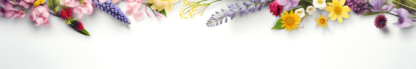 spring composition banner on light background with spring flowers