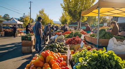 Wall Mural - An early morning farmers market scene, bustling with vendors and customers, fresh produce on display, capturing the essence of local commerce and community. Resplendent.