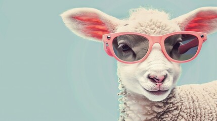 Sticker -   A close-up of a sheep wearing sunglasses on its head against a blue background sky