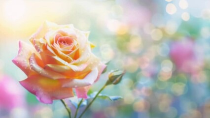 Canvas Print - Paster yellow pink rose with glistening dewdrops. Flower blossom against bokeh light background