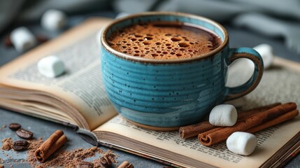 Wall Mural -   A warm mug of hot chocolate, topped with fluffy marshmallows and sprinkled with cinnamon, resting atop an open book on a table (