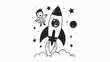 Stencil for children's art. A child watches a rocket take off into outer space. Dreams of a boy in a drawing. Illustration for varied design.
