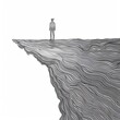 A man stands on a plateau on the edge of a precipice. Concept of loneliness, despair or crisis. Time to think. Black and white image in pencil drawing style. Illustration for varied design.