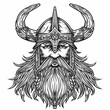 Portrait of a Viking in the style of an engraving. Medieval warrior of the north wearing a horned helmet. Strict face of a man with beard and mustache. Can be printed on t-shirt, bag and other product