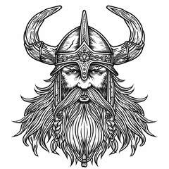 Wall Mural - Portrait of a Viking in the style of an engraving. Medieval warrior of the north wearing a horned helmet. Strict face of a man with beard and mustache. Can be printed on t-shirt, bag and other product