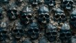 Lots of human skulls embedded in the wall. An ancient mass grave.  Illustration for cover, card, postcard, banner, poster, brochure or presentation.