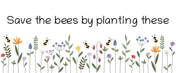 Sticker - Save the bees by planting these - Schriftzug in englischer Sprache - Rette die Bienen, in dem du diese pflanzt. Banner mit Bienen und bunter Blumenwiese.