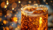 A close-up shot capturing the effervescence of freshly poured beer in a glass on International Beer Day, with bubbles rising to the surface and capturing the light, creating a visu