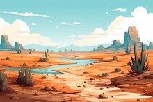 An Illustration Of A Vast Desert Landscape With A Clear Blue Sky, Large Red Rock Formations, And A Winding River Running Through The Middle.