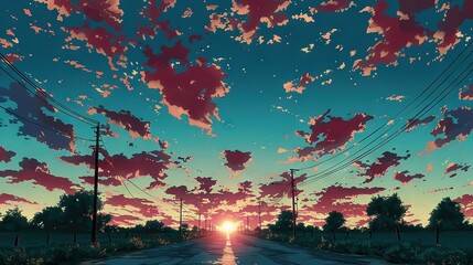 Wall Mural -   Painting of Sunset over Road with Power Lines & Telephone Poles in Foreground and Clouds in Background