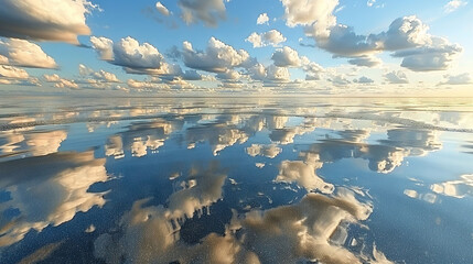 Wall Mural -   The water reflects both the sky and clouds as sunlight filters through them