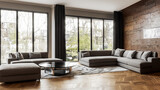 Fototapeta Sport - Comfortably designed living room with large corner sofa, wooden floor and large windows, luxury architecture
