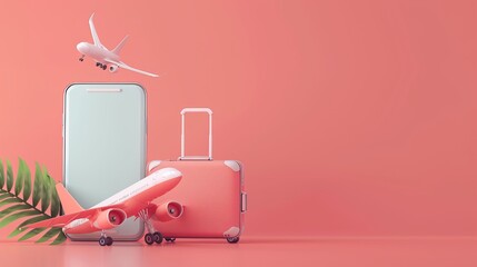 Wall Mural - 3D rendering of a mobile phone displaying a flight ticket, suitcase, and airplane, illustrating travel planning and booking services in vector format.