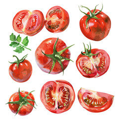 Watercolor Vector painting of tomato set, isolated on a white background, tomato vector, tomato clipart, tomato art, tomato painting, tomato Graphic, drawing clipart.