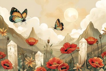 Fototapeta piękne motyle na łące wśród gór