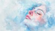 watercolor portrait of a woman with smooth strokes that merge facial features with sky-blue and pale pink hues,