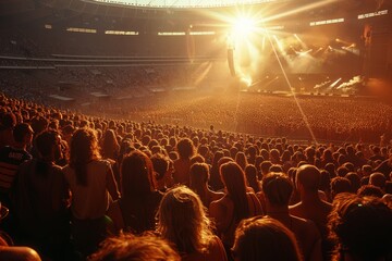 Wall Mural - The warm sunset light washes over a lively crowd at a packed stadium concert, capturing the exhilaration of live music