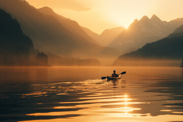 Sticker - Person kayaking on a calm lake at sunset