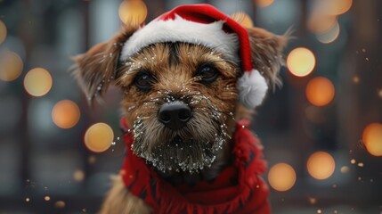 Wall Mural - A Border Terrier dressed up for Christmas. Generative AI realistic