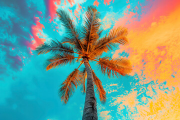 Palm tree on sunset sky background. Vintage style toned picture