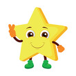 Vector illustration of a yellow funny star with gesture, index and middle finger raised up. Cartoon scene of happy star character with victory or peace hand gesture isolated on white background.
