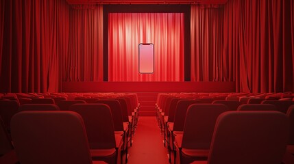 Red room with curtains and a smartphone screen opposite the chairs. Concept of mobile internet cinema, movie premiere, business conference or theater. Mock up. 3d rendering