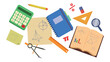 Vector illustration of educational supplies, taking notes on geometry. Cartoon scene of notebooks, open notebook with geometric notes, various stationery: rulers, compass, calculator, eraser, pencil.