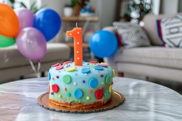 Number one candle on celebration cake with party decorations and balloons on blurred background