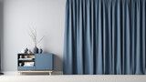 Fototapeta Sport - gray interior with navy blue nightstand and decor.navy blue curtain touching the floor illustration mockup