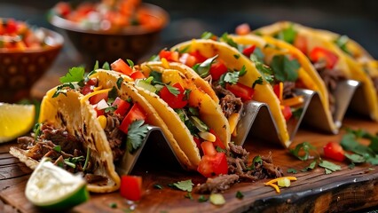Wall Mural - Mexican tacos with beef vegetables salsa on a wooden board. Concept Mexican cuisine, Beef tacos, Salsa, Wooden board presentation, Food photography