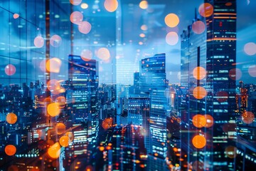 Canvas Print - Background of modern glass skyscrapers with rays and glare of the sun