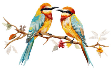 PNG 2 bird in embroidery style animal beak art.