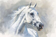 portrait of white horse in style of gouache