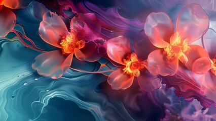 Poster - Geometric 3D wallpaper with frames fractal flowers liquid marble and resin geode art. Concept Geometric 3D Wallpaper, Frames, Fractal Flowers, Liquid Marble, Resin Geode Art