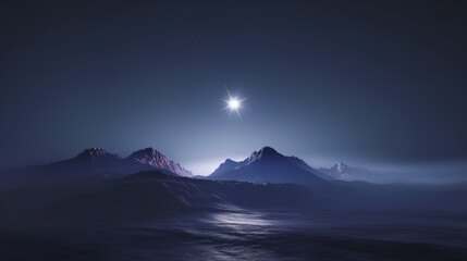 Wall Mural - night sky with bright sirius star shining over misty and mysterious mountains, simple and minimalist