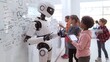 future lessons: a white humanoid robot engages with students in a classroom, demonstrating the innovative integration of robotics into modern educational methods