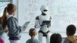 future lessons: a white humanoid robot engages with students in a classroom, demonstrating the innovative integration of robotics into modern educational methods