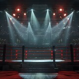 Fototapeta Sport - Empty boxing ring with focused spectators and illuminated spotlight. Concept Boxing Ring, Spectators, Spotlight, Empty, Focus