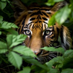 Canvas Print - Intense tiger eyes peering through lush foliage