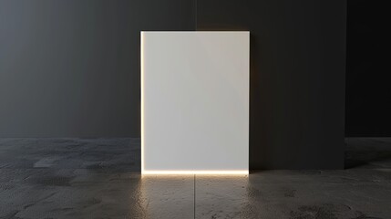 this 3d rendering showcases a blank white poster mockup in an illuminated glass holder, providing a 