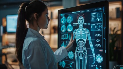 Wall Mural - Femtech concept, doctor examining virtual human body on hi-tech display, health disease treatment cure prevention