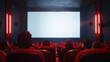 Cinema blank wide screen and people in chairs in the cinema hall. Blurred People silhouettes watching movie performance.
